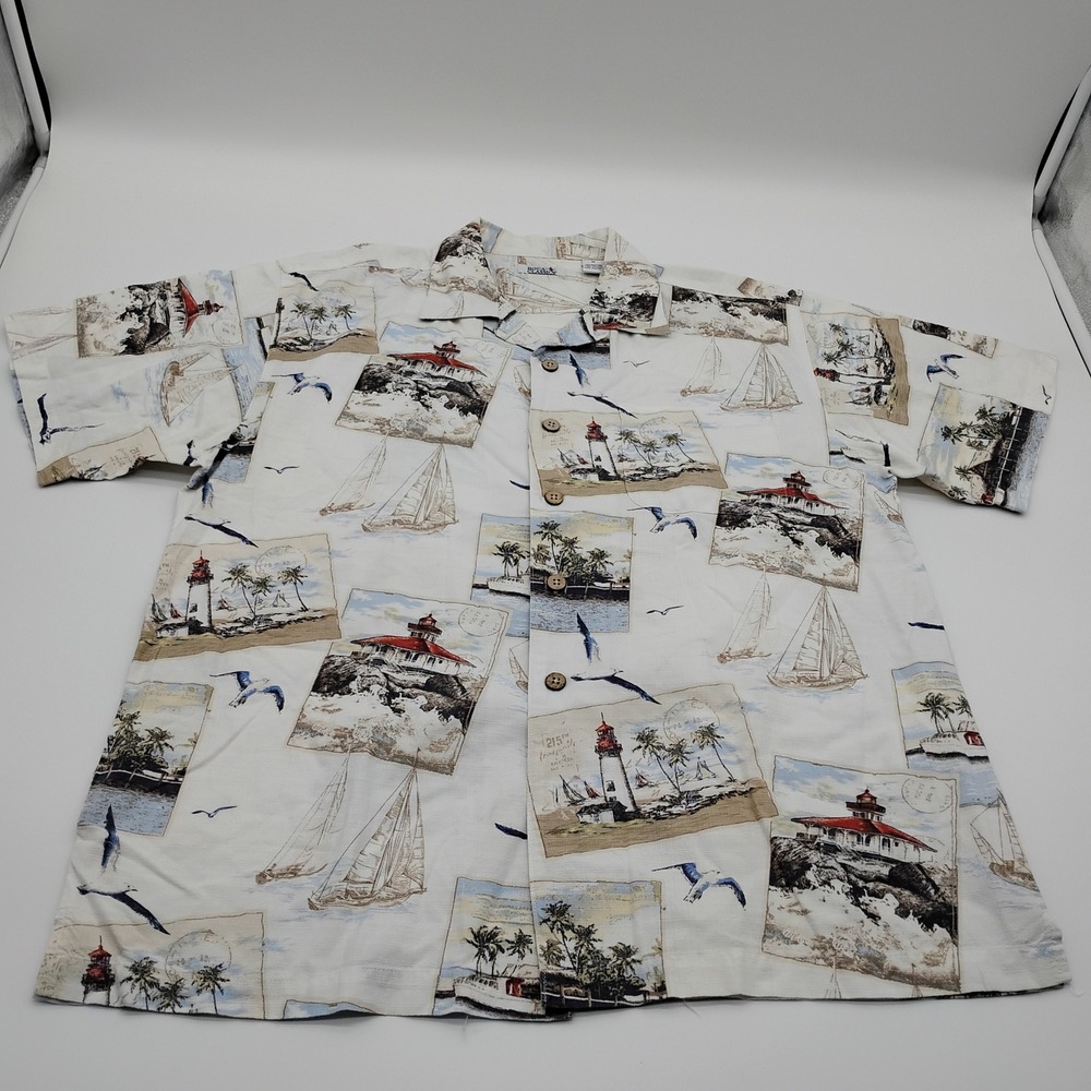 Breakwater Mens Nautical Lighthouse Sailboat Print Short Sleeve Button Down XL